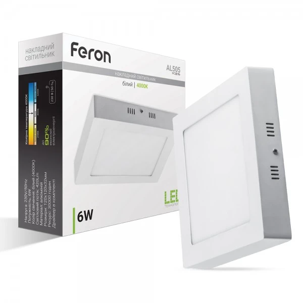 Світлодіодна панель Feron AL505 6W квадрат накладний 420Lm 4000K 120*120*32mm OL (6662)