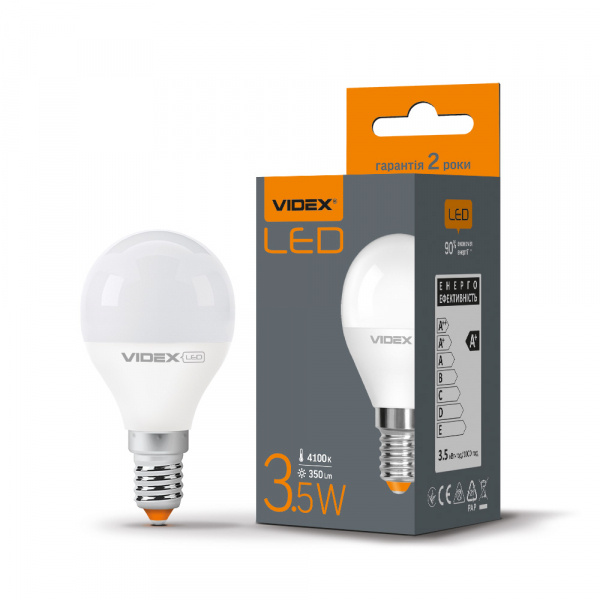 LED лампа VIDEX G45e 3.5W E14 4100K 220V 20шт/ящ (VL-G45e-35144)
