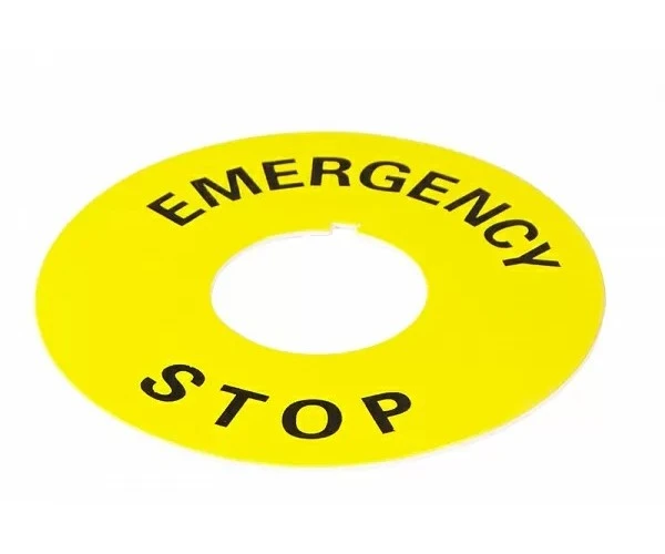 03t-600x500-1.jpg Табличка маркувальна EMERGENCY STOP жовта кругла для кнопок XB2 - Зображення 1