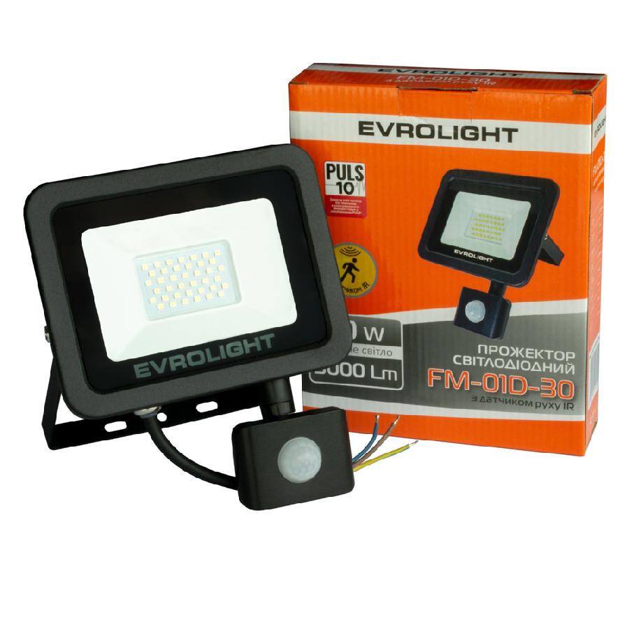 0963c73fefff7ea5fde4f16a3c73b0e5.jpg Прожектор світлодіодний з датчиком руху EVROLIGHT FM-01D-30 30W 6400К - Зображення 1