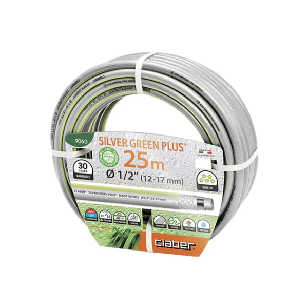 Claber Шланг поливальний 1/2" 25м Silver Green Plus, сірий з салатовою смугою