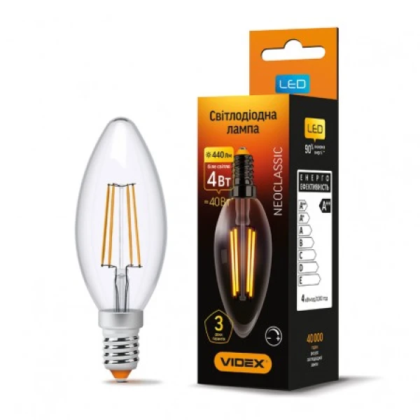 LED лампа VIDEX Filament C37FD 4W E14 4100K 220V диммерна (VL-C37FD-04144)