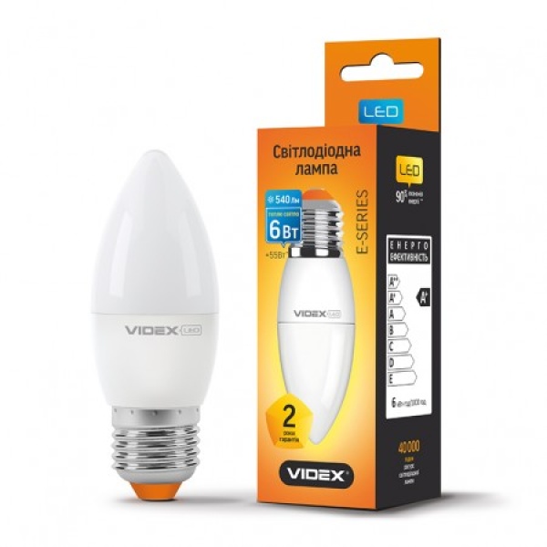 LED лампа VIDEX C37e 6W E27 3000K 220V 20шт/ящ (VL-C37e-06273)