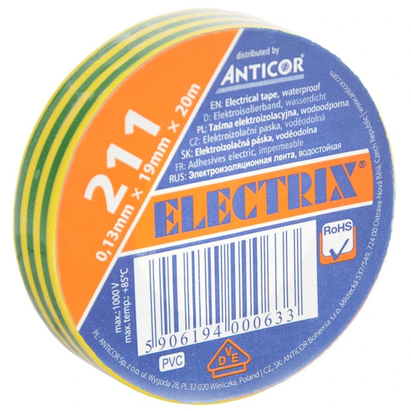 Ізолента ANR 19/20-ZТ жовто-зелена 20м ANTICOR (10шт/уп)