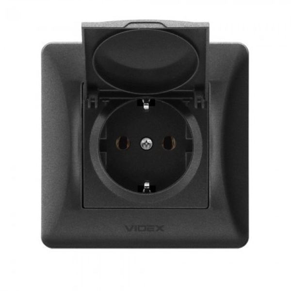 VIDEX BINERA Розетка 1а із заземленням та кришкою чорний графіт (VF-BNSK1GC-BG) (20/120)