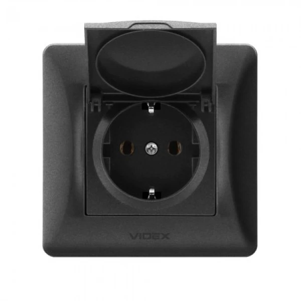 VIDEX BINERA Розетка 1а із заземленням та кришкою чорний графіт (VF-BNSK1GC-BG) (20/120)