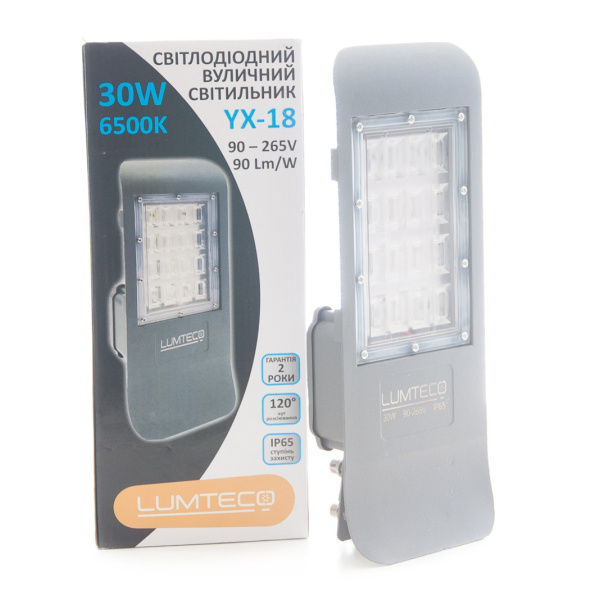 Світлодіодний вуличний світильник LUMTECO YX-18 30w 6500К IP65 90-265V сірий (YX-18-30-6500)