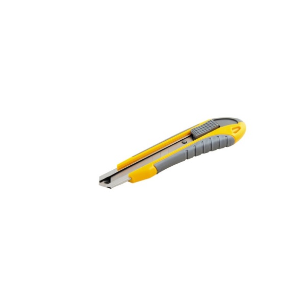 Ніж MASTERTOOL ЕРГО 18 мм ABS пластик TPR покриття з металевою направляючою кнопковий фіксатор 3 леза 17-0111