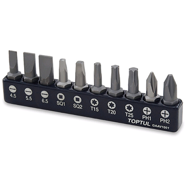Набір біт для шуруповерта TOPTUL 1/4" 10од. (PH, SL, Torx, SQ) GAAV1001