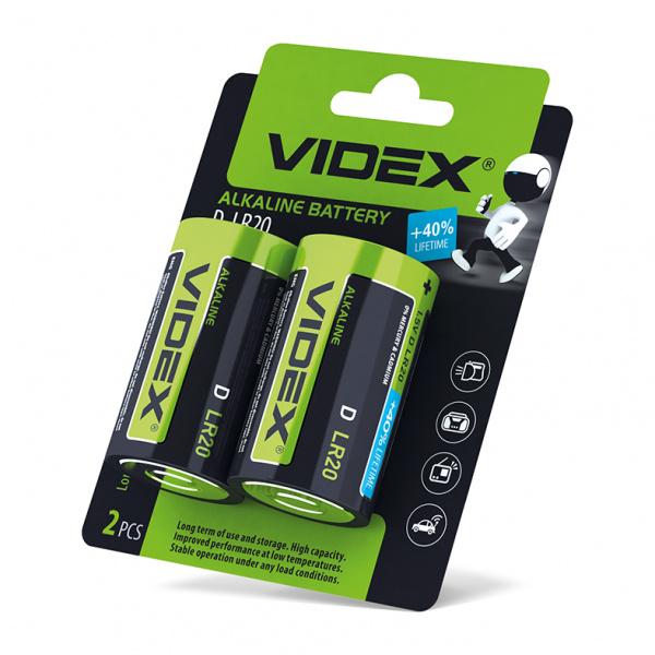 Батарейка лужна Videx LR2O/D 2pcs BLISTER CARD (12/96) (LR2O/D 2pcs BC)