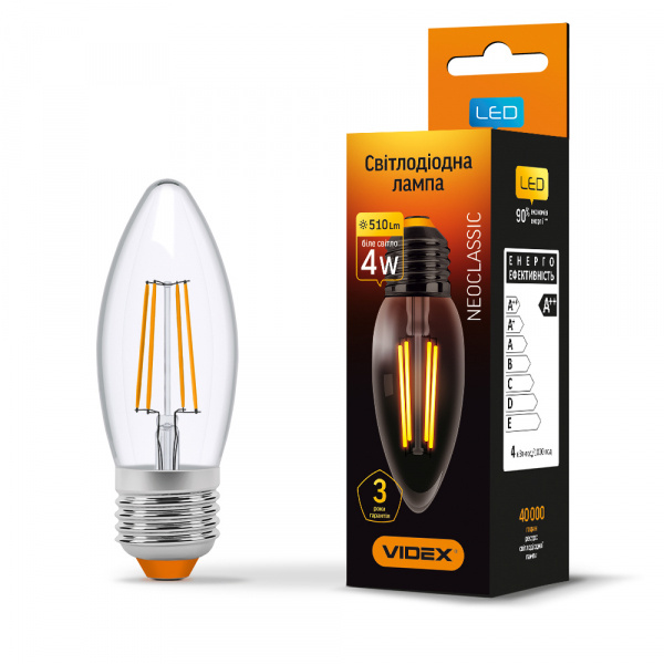 LED лампа VIDEX Filament C37F 4W E27 4100K 220V (VL-C37F-04274)