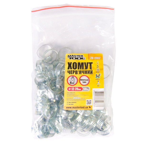 Хомут черв'ячний оцинкований MASTERTOOL American type 8.0 мм Ø12-20 мм 50 шт 20-1902