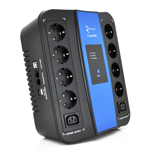 ДБЖ Ritar U-Smart-1000 (600W), LED, AVR, 3st, 8xSCHUKO socket, 1x12V9Ah, USB x2, RJ45, plastik Case ( ) Q2