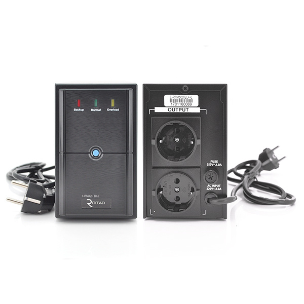 ДБЖ Ritar E-RTM650 (390W) ELF-L, LED, AVR, 2st, 2xSCHUKO socket, 1x12V7Ah, метал Case Q4 (370*130*210) 4,8 кг (310*85*140)