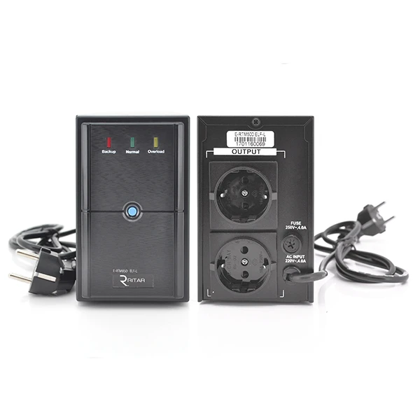 ДБЖ Ritar E-RTM650 (390W) ELF-L, LED, AVR, 2st, 2xSCHUKO socket, 1x12V7Ah, метал Case Q4 (370*130*210) 4,8 кг (310*85*140)