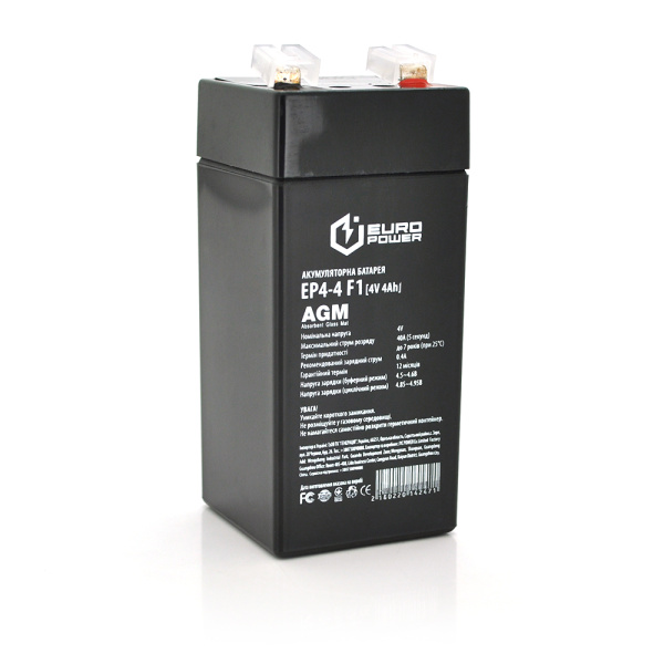 Акумуляторна батарея EUROPOWER AGM EP4-4M1 4 V 4 Ah ( 47 x 47 x 100 (105) ) Black Q30