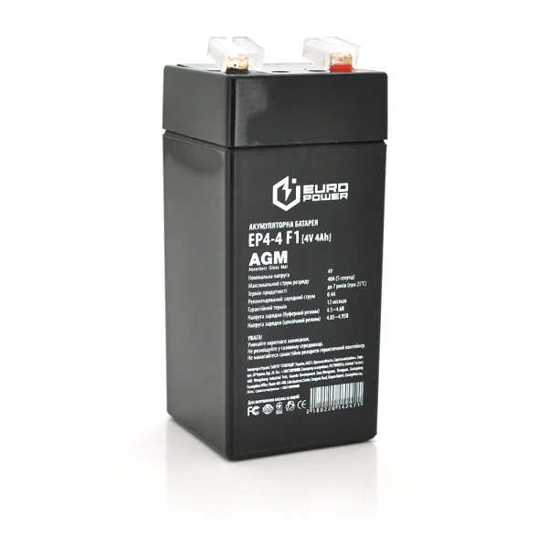 Акумуляторна батарея EUROPOWER AGM EP4-4M1 4 V 4 Ah ( 47 x 47 x 100 (105) ) Black Q30