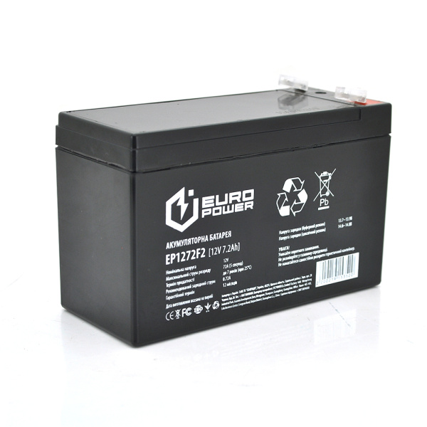 Акумуляторна батарея EUROPOWER AGM EP12-7.2F2 12 V 7,2 Ah (150 x 65 x 95 (100)) Black Q10