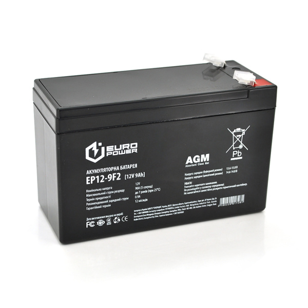 Акумуляторна батарея EUROPOWER AGM EP12-9F2 12 V 9Ah ( 150 x 65 x 95 (100) ) Black Q10