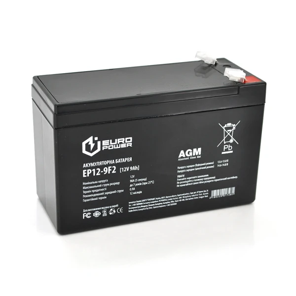 Акумуляторна батарея EUROPOWER AGM EP12-9F2 12 V 9Ah ( 150 x 65 x 95 (100) ) Black Q10