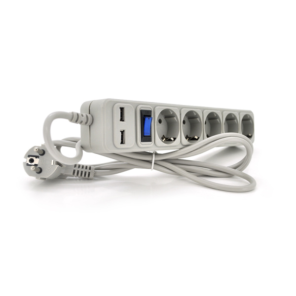 Сітковий підовжувач MERLION B518U, 220В 10А, 5 розеток + 2 порти USB 2.1A, 1,8 м, переріз 3х0,75мм, сірий Q50