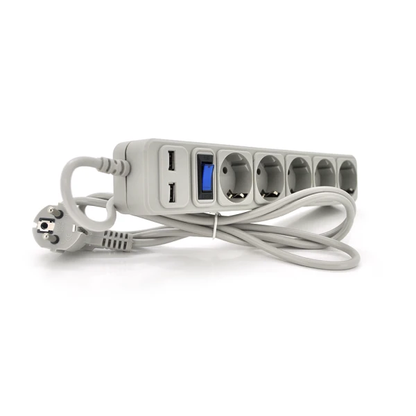 Сітковий підовжувач MERLION B518U, 220В 10А, 5 розеток + 2 порти USB 2.1A, 1,8 м, переріз 3х0,75мм, сірий Q50