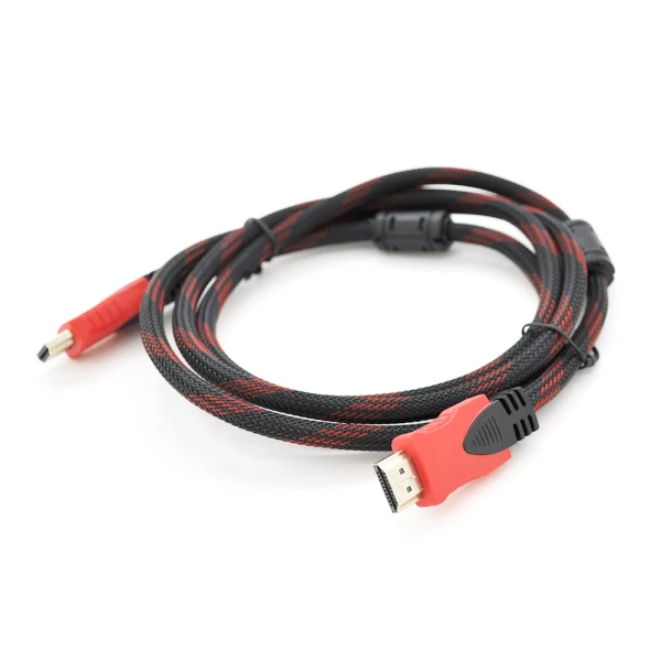 Кабель Merlion HDMI-HDMI 1,5m, v1.4, OD-7.4mm, 2 фільтри, обплетення, круглий Black/RED, конектор RED/Black, (Пакет) Q200