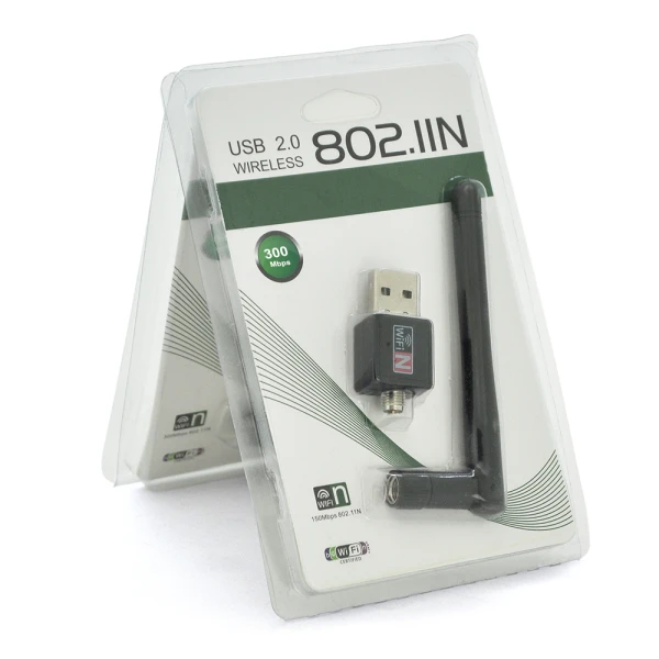 Бездротовий мережевий адаптер з антеною 10см 2DBI Wi-Fi-USB Merlion LV-UW02-2DB, 802.11bgn, 300MB, 2.4GHz, WIN7/XP/Vista/2K/MAC/LINUX, Blister Q200