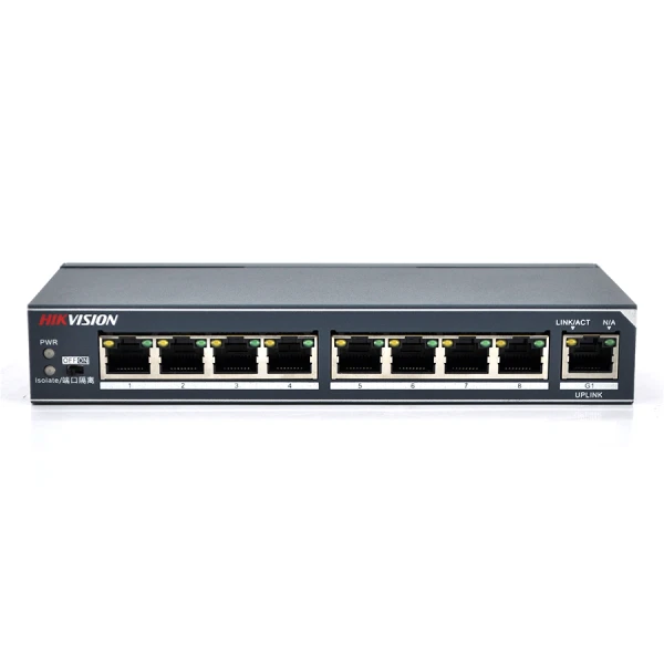 Комутатор Hikvision DS-3E0309-E 8 портів 100 Мбіт + 1 порт Ethernet (UP-Link) 1000 Мбіт, блок живлення 12V 1A в комплекті, корпус метал, BOX, (178*80*29)