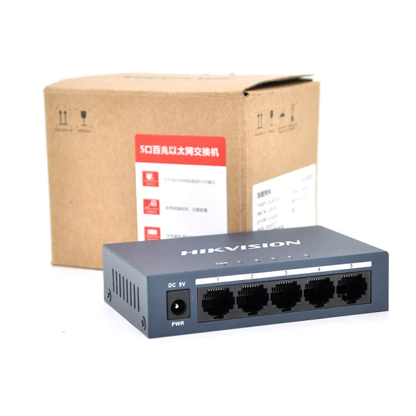 Комутатор Hikvision DS-3E0105-E 5 портів Ethernet 10/100 Мбіт/сек, блок живлення 5V 0,6A в комплекті, корпус метал, BOX
