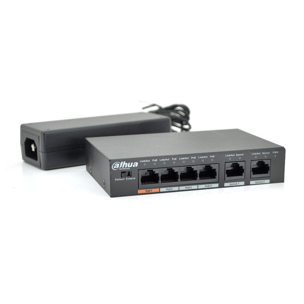 Комутатор POE Dahua DH-PFS3006-4ET-60 із 4 портами POE 100Мбіт + 1 порт Ethernet (UP-Link) 100Мбіт, корпус - метал, Black, БП в комплекті
