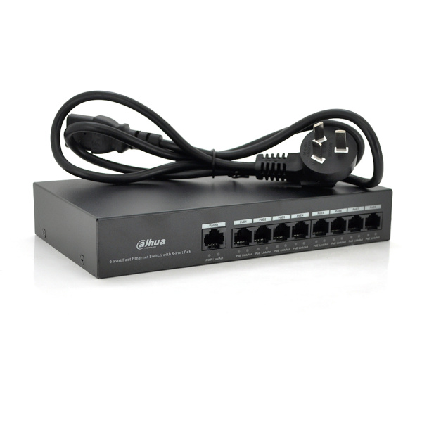 Комутатор POE Dahua DH-S1300C-8ET1ET-DPWR 48V з 8 портами POE 100Мбіт + 1 порт Ethernet (UP-Link) 100Мбіт, корпус - метал, Black, БП вбудований