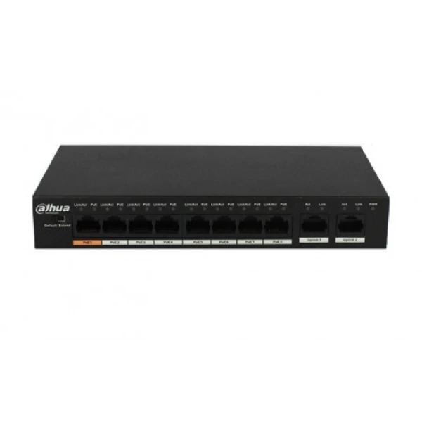 Комутатор POE DH-PFS3010-8ET-96 48V з 8 портами POE 100Мбіт + 2 порт UP-Link 1000Мбіт, корпус - метал, Black