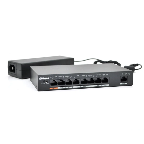 Комутатор POE Dahua DH-PFS3009-8ET-96 48V з 8 портами POE 100Мбіт + 1 порт Ethernet (UP-Link) 100Мбіт, корпус - метал, Black, БП в комплекті