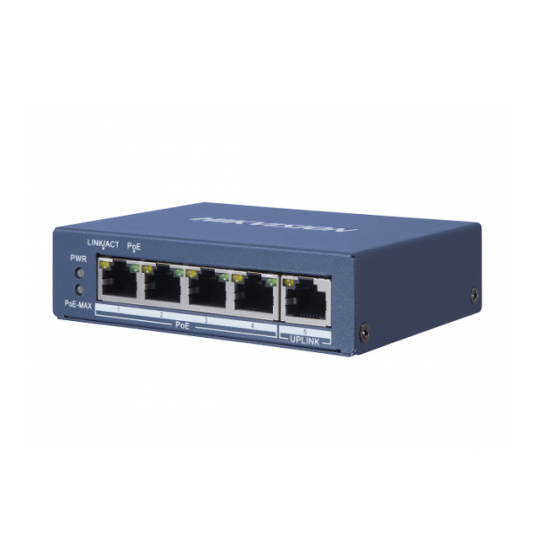 Комутатор POE Hikvision 48V DS-3E0505P-E 4 портів POE + 1 порт Ethernet (Uplink) 10/100/1000 Мбіт/сек, БП 48В, корпус метал, BOX