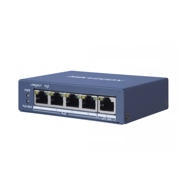 Комутатор POE Hikvision 48V DS-3E0505P-E 4 портів POE + 1 порт Ethernet (Uplink) 10/100/1000 Мбіт/сек, БП 48В, корпус метал, BOX