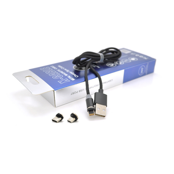 Магнітний кабель PiPo USB 2.0 / Micro / Lighting / Type-C, 1m, 2А, тканинна оплетка, броньований, знімач, Black, BOX