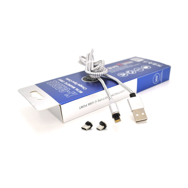 Магнітний кабель PiPo USB 2.0 / Micro / Lighting / Type-C, 1m, 2А, тканинна оплетка, броньований, знімач, Silver, BOX
