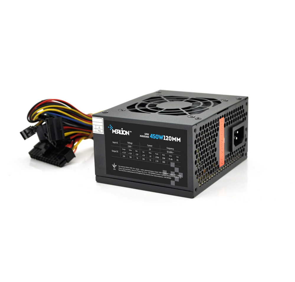 2234190.jpg Блок живлення Merlion 450W 12cm Black + кабель живлення, 10шт у коробці, ОЕМ - Зображення 1