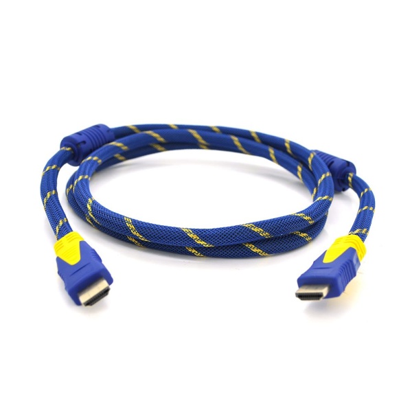 Кабель Merlion HDMI-HDMI 3.0m, v1.4, OD-8.0mm, 2 фільтри, обплетення, круглий Blue/Gold, конектор Blue-yellow, (Пакет) Q50