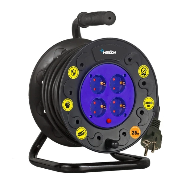 Підовжувач на котушці MERLION 2х0, 75, 25 м, 10А, 220В, 4xSCHUKO socket, кабель нг-LS, Q4