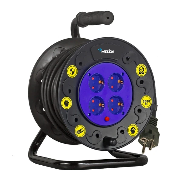 Підовжувач на котушці MERLION 2х2, 5, 50 м, 16А, 220В, 4xSCHUKO socket, кабель нг-LS, теплове реле (захист від перегріву), Q2