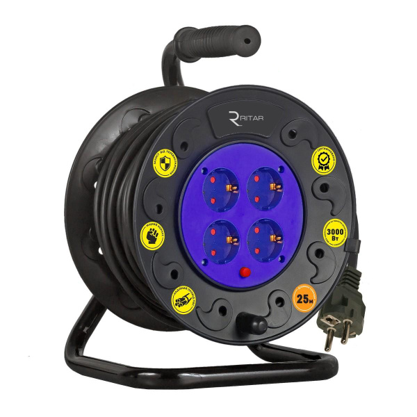 Підовжувач на котушці RITAR 2х0, 75, 25 м, 16А, 220В, 4xSCHUKO socket, кабель нг-LS, Q4