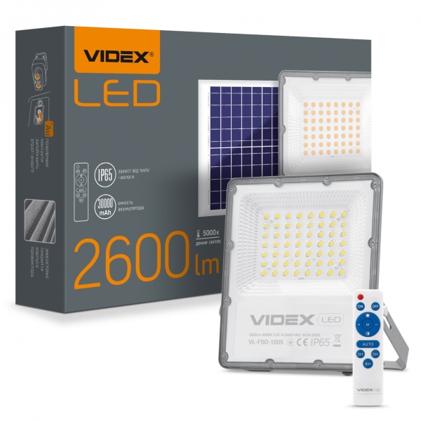 LED прожектор автономний  VIDEX 30W 5000K 3.2V 3ШТ