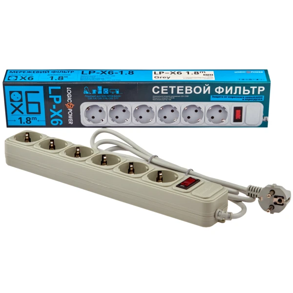 Фильтр-удлинитель сетевой LogicPower LP-X6, 6 розеток, цвет-серый, 1,8 m