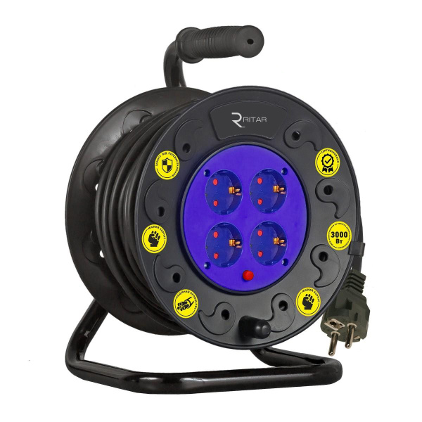 Підовжувач на котушці RITAR 2х0, 75, 10 м, 10А, 220В, 4xSCHUKO socket, кабель нг-LS, Q4