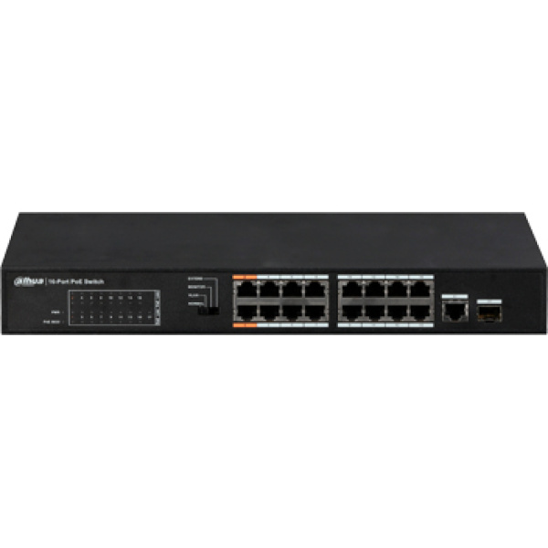 16-портовий некерований POE комутатор Dahua DH-PFS3117-16ET-135, 16xPoe(100M) + 1xSFP(1000M) + 1xRJ45 (1000M)