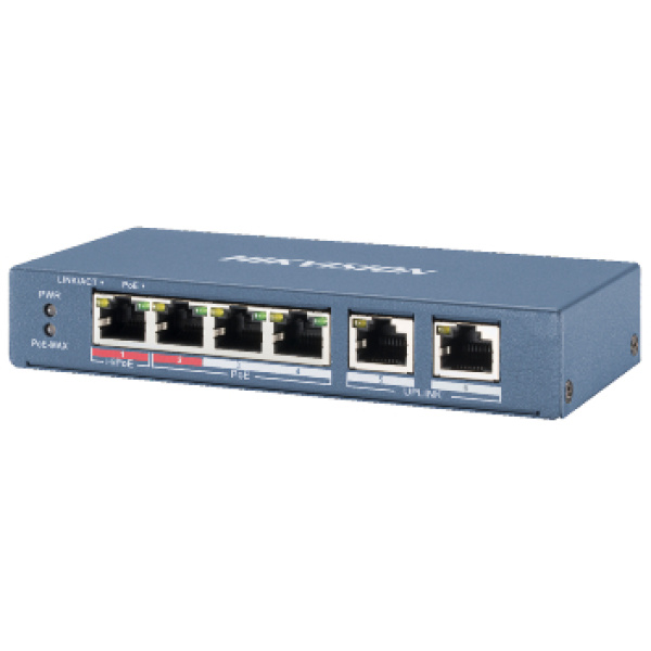4-портовий некерований POE комутатор Hikvision DS-3E0106HP-E, 4×100 Мбіт/с RJ45 (1 Hi-PoE) + 2×100 Мбіт/с