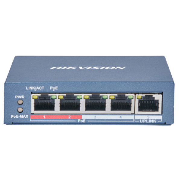 4-портовий некерований POE комутатор Hikvision DS-3E0105P-E(B) 4xRJ45 (100Мбіт/с) PoE; Uplink порти: 1xRJ45 (100Мбіт/с)