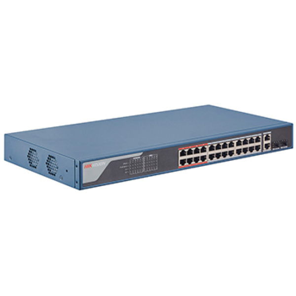 24 портовий POE комутатор Hikvision DS-3E1326P-EI, 24x RJ45 (100M) з підтримкою PoE; Uplink порти: 2x RJ45 (1000M)